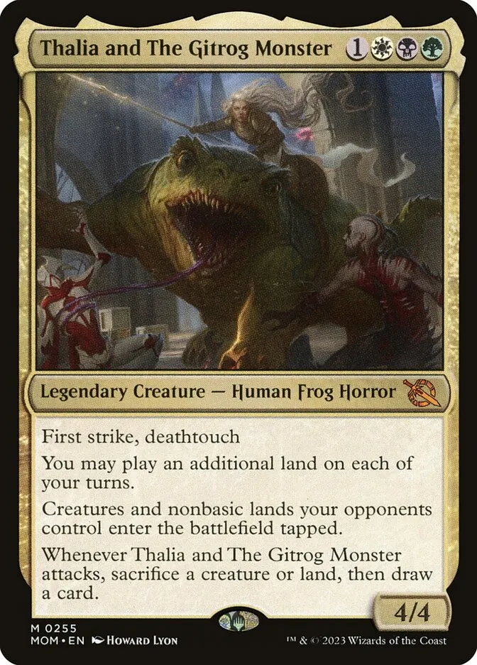 2023 March of the Machine Thalia and The Gitrog Monster #255 mythic card image