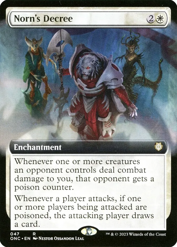 2023 Phyrexia: All Will Be One Commander Norn's Decree [Extended Art] rare #47 rare card image
