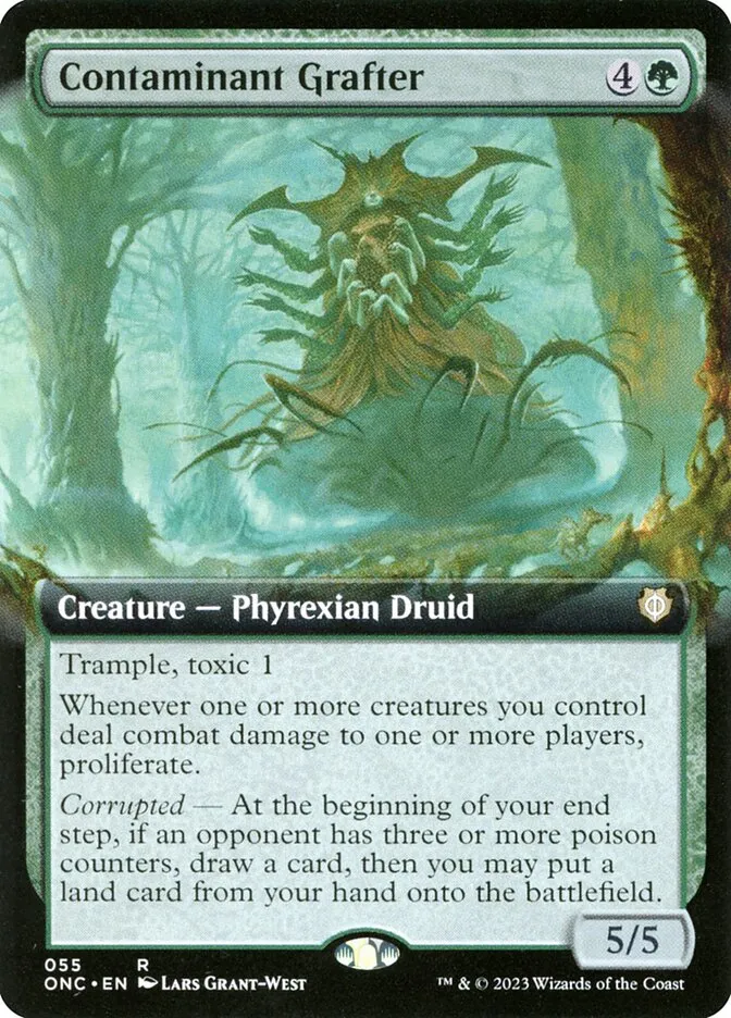 2023 Phyrexia: All Will Be One Commander Contaminant Grafter [Extended Art] rare #55 rare card image