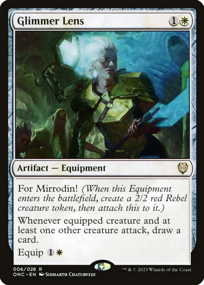2023 Phyrexia: All Will Be One Commander Glimmer Lens rare #6 rare card image