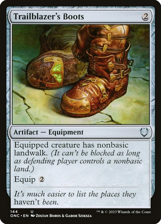 2023 Phyrexia: All Will Be One Commander Trailblazer's Boots #144 uncommon card image