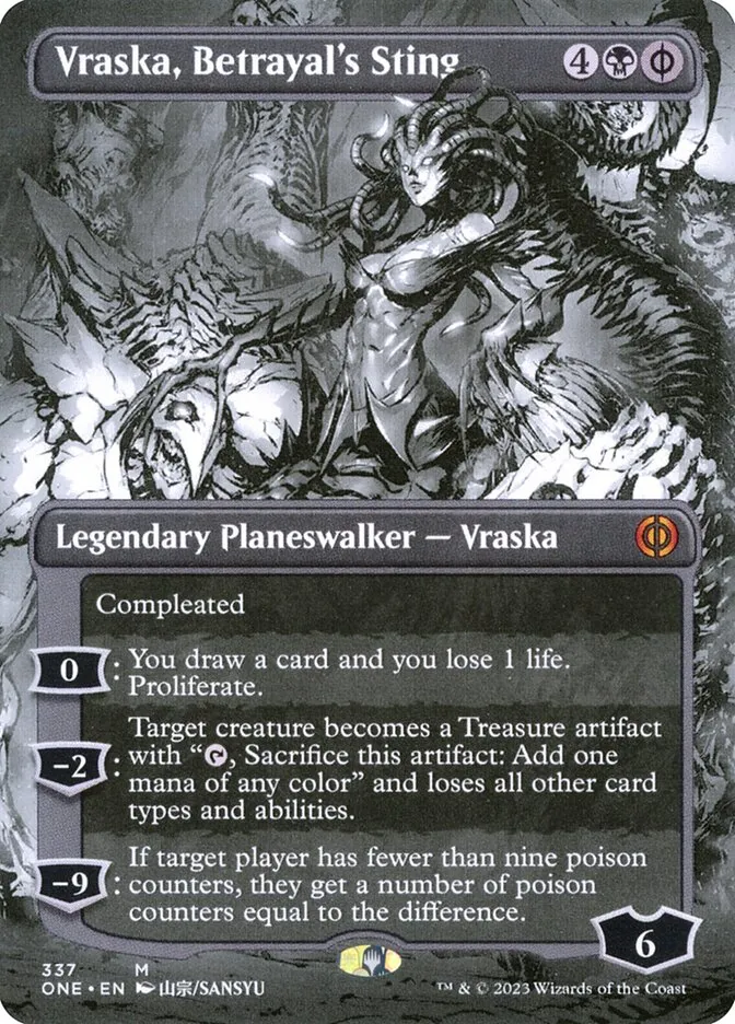 2023 Phyrexia: All Will Be One Vraska, Betrayal's Sting [Borderless] mythic #337 mythic card image