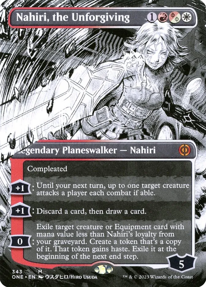 2023 Phyrexia: All Will Be One Nahiri, the Unforgiving [Borderless] mythic #343 mythic card image