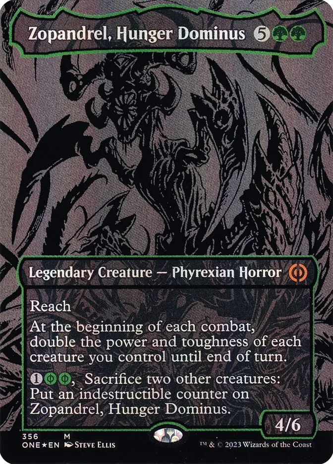 2023 Phyrexia: All Will Be One Zopandrel, Hunger Dominus [Oilslick] mythic #356 mythic card image