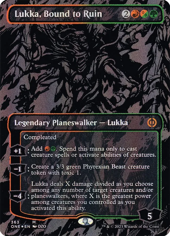 2023 Phyrexia: All Will Be One Lukka, Bound to Ruin [Oilslick] mythic #363 mythic card image