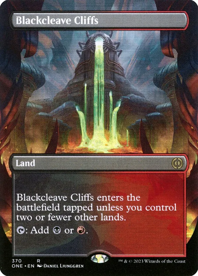 2023 Phyrexia: All Will Be One Blackcleave Cliffs [Borderless Foil] rare #370 rare card image