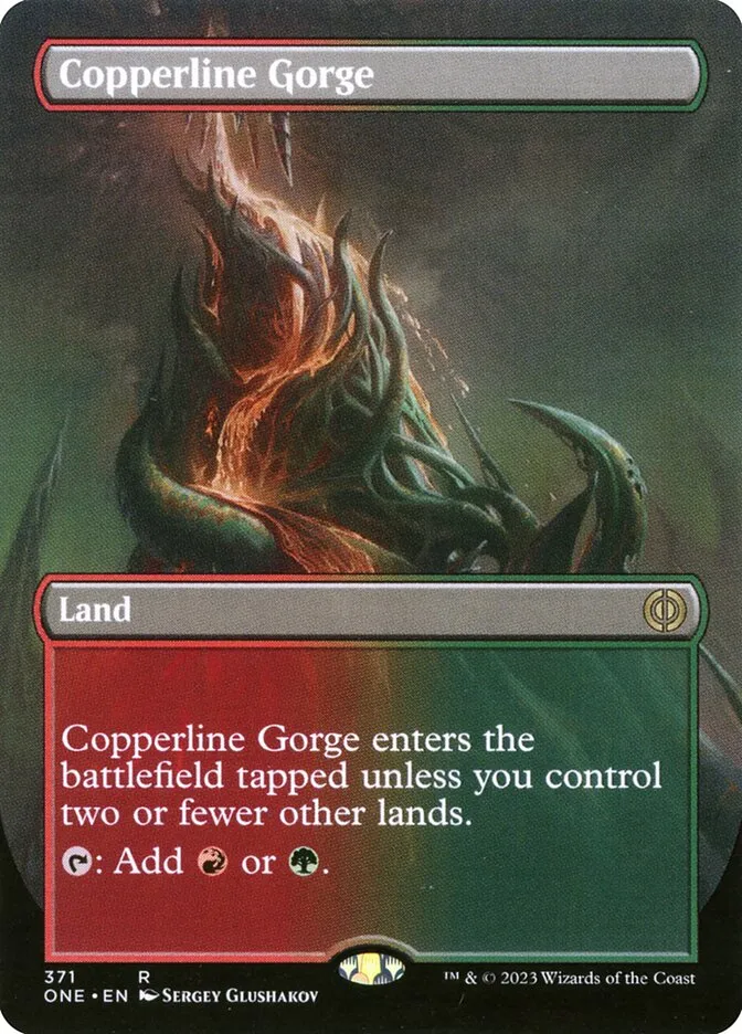 2023 Phyrexia: All Will Be One Copperline Gorge [Borderless] rare #371 rare card image