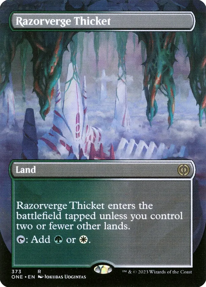 2023 Phyrexia: All Will Be One Razorverge Thicket [Borderless Foil] rare #373 rare card image