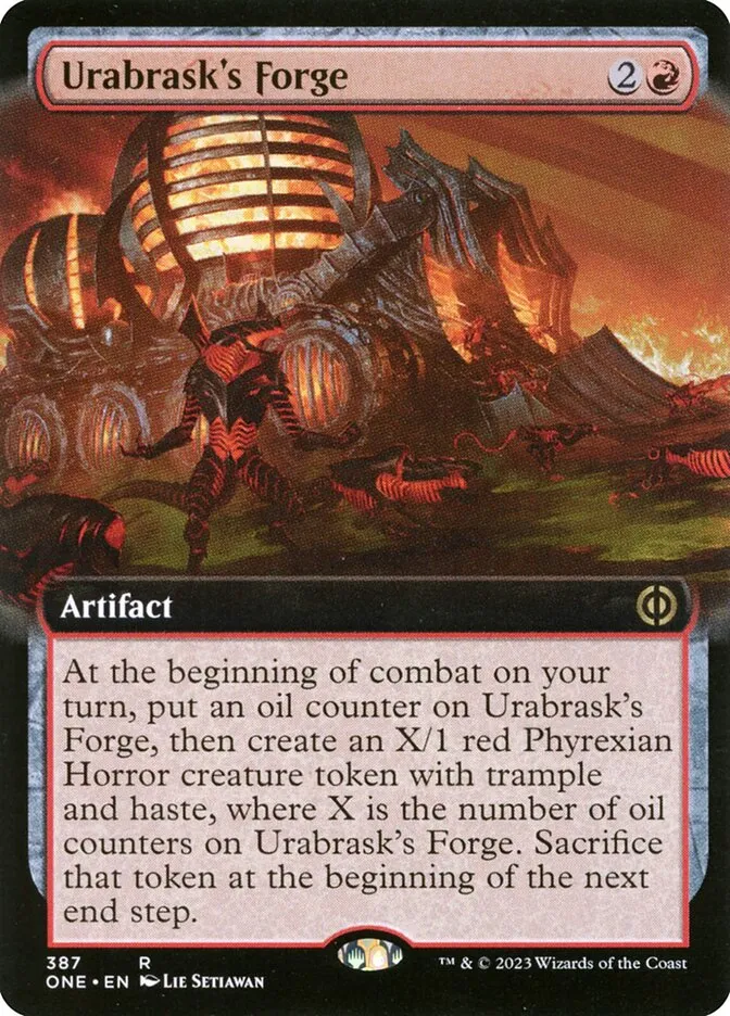 2023 Phyrexia: All Will Be One Urabrask's Forge [Extended] rare #387 rare card image