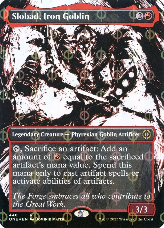 2023 Phyrexia: All Will Be One Slobad, Iron Goblin [Compleat] rare #448 rare card image