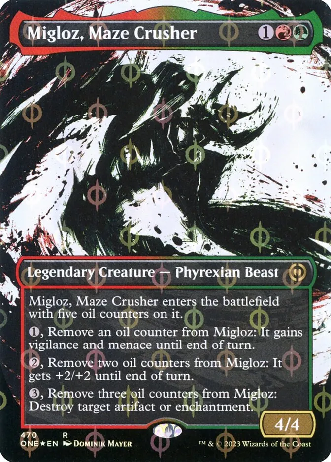 2023 Phyrexia: All Will Be One Migloz, Maze Crusher [Compleat] rare #470 rare card image