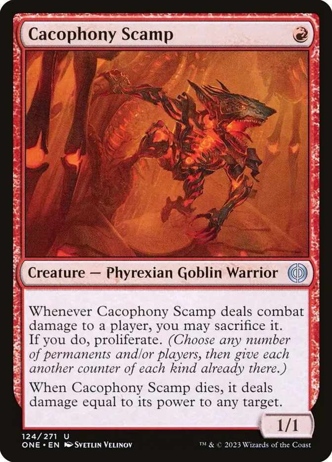 2023 Phyrexia: All Will Be One Cacophony Scamp [Foil] uncommon #124 uncommon card image