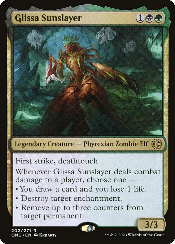 2023 Phyrexia: All Will Be One Glissa Sunslayer [Prerelease] rare #202 rare card image