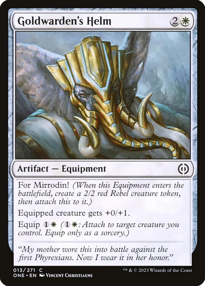 2023 Phyrexia: All Will Be One Goldwarden's Helm common #13 common card image
