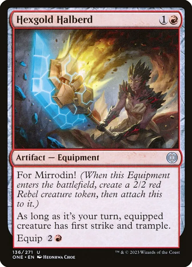 2023 Phyrexia: All Will Be One Hexgold Halberd [Foil] uncommon #136 uncommon card image