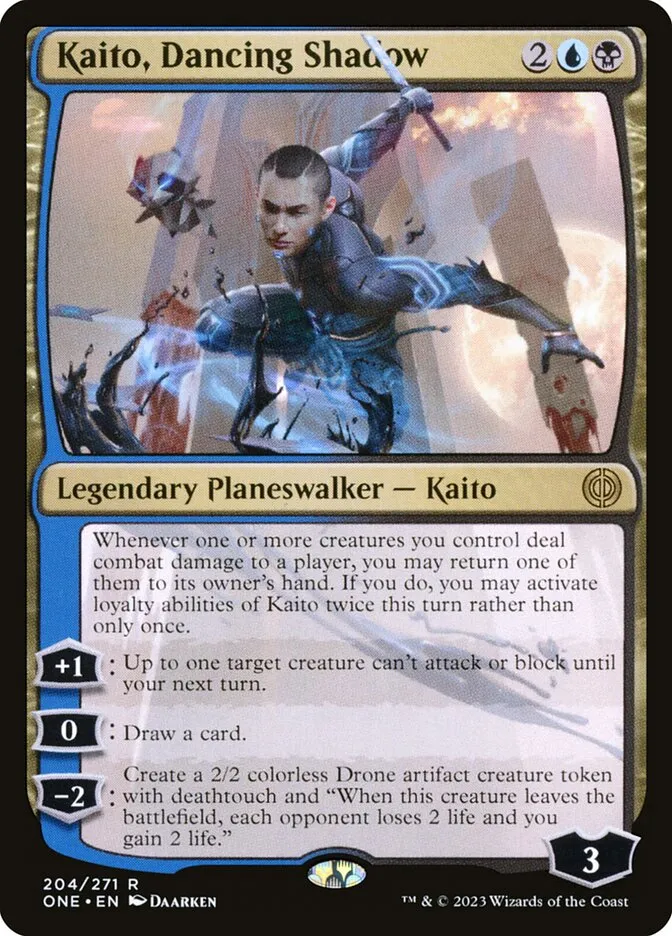 2023 Phyrexia: All Will Be One Kaito, Dancing Shadow #204 rare card image
