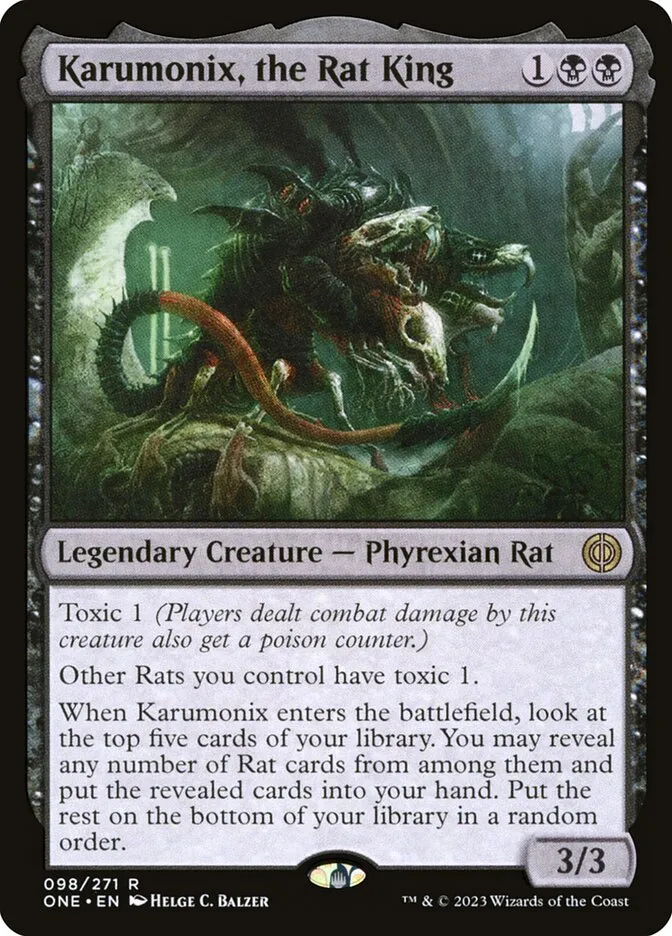2023 Phyrexia: All Will Be One Karumonix, the Rat King [Foil] rare #98 rare card image