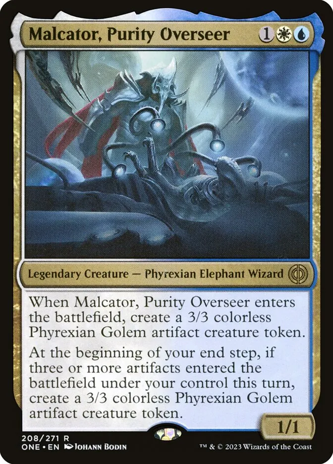 2023 Phyrexia: All Will Be One Malcator, Purity Overseer #208 rare card image