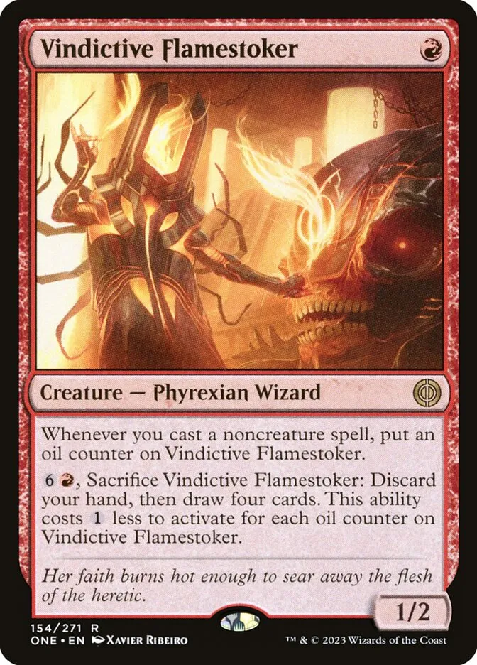 2023 Phyrexia: All Will Be One Vindictive Flamestoker #154 rare card image