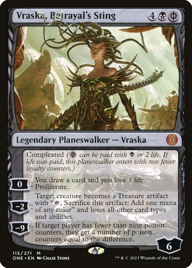 2023 Phyrexia: All Will Be One Vraska, Betrayal's Sting [Foil] mythic #115 mythic card image