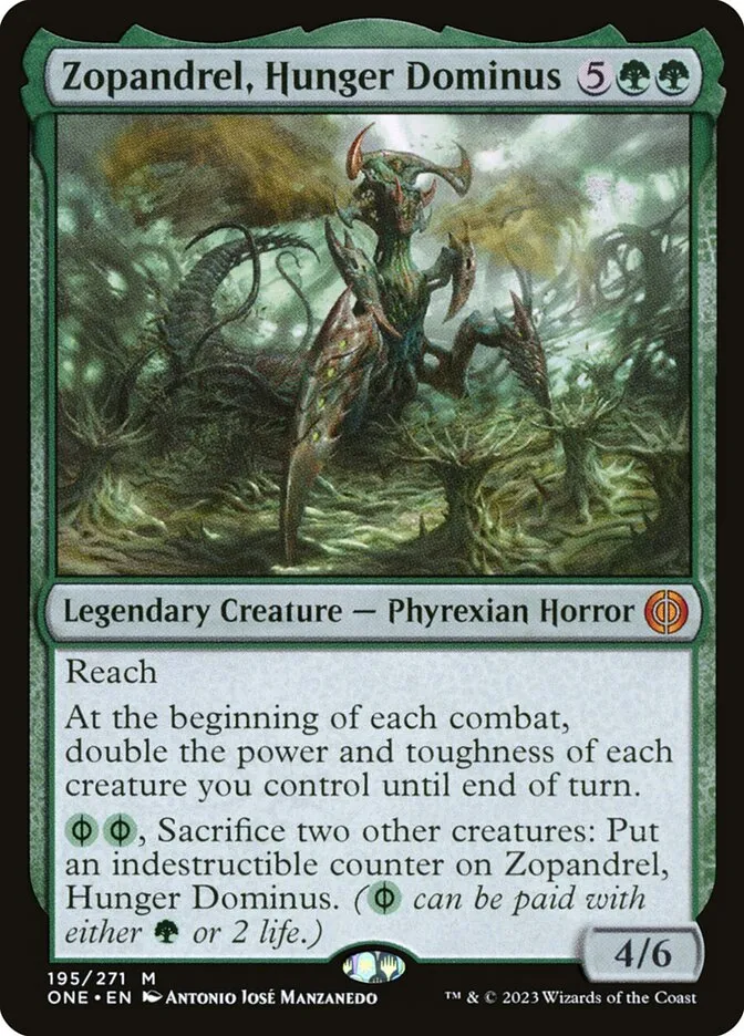 2023 Phyrexia: All Will Be One Zopandrel, Hunger Dominus [Foil] mythic #195 mythic card image