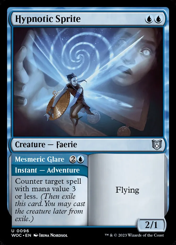 2023 Wilds of Eldraine Commander Hypnotic Sprite // Mesmeric Glare #96 uncommon card image