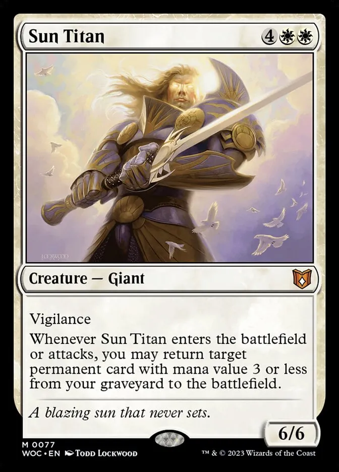2023 Wilds of Eldraine Commander Sun Titan #77 mythic card image