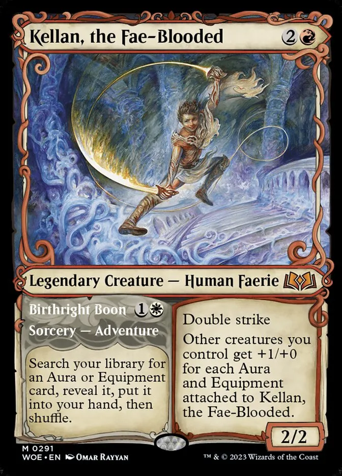 2023 Wilds of Eldraine Kellan, the Fae-Blooded // Birthright Boon mythic #291 mythic card image