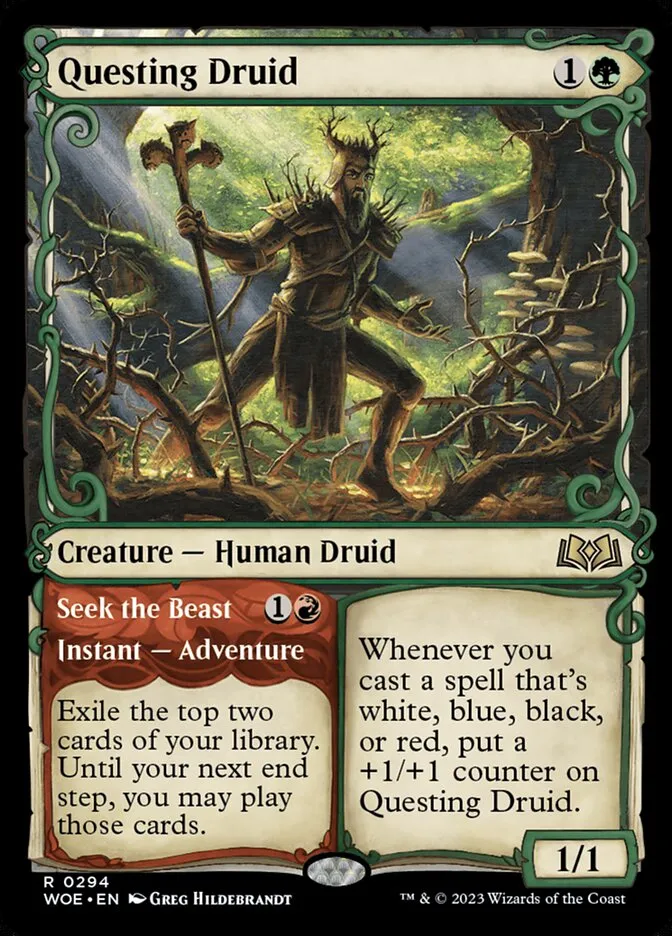 2023 Wilds of Eldraine Questing Druid // Seek the Beast #294 rare card image