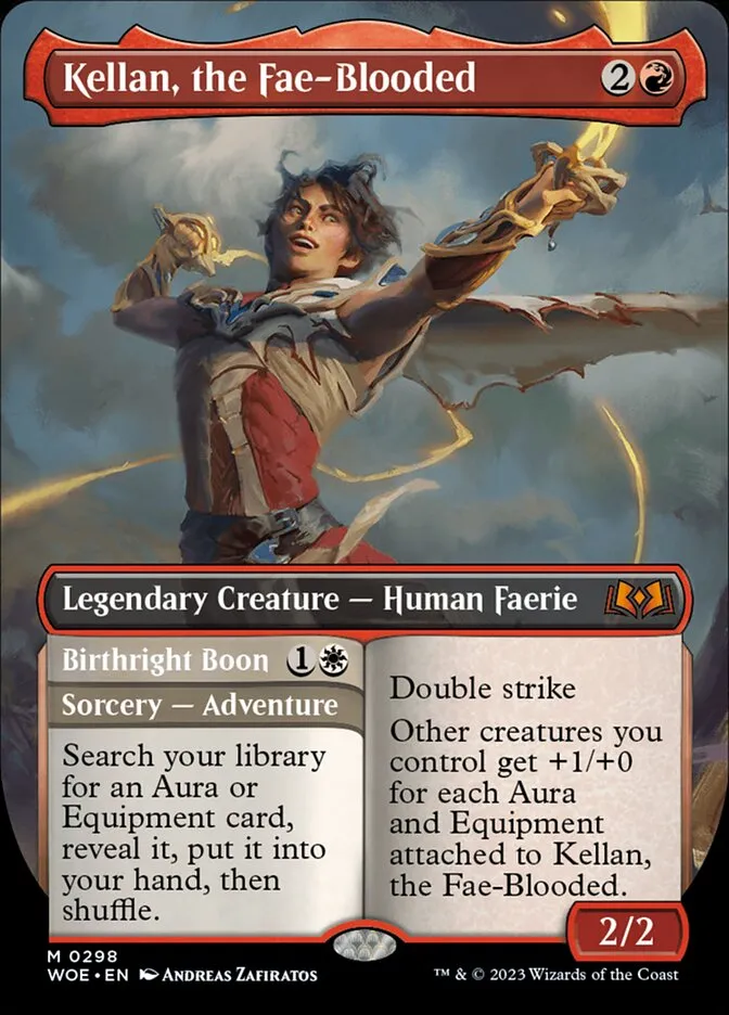2023 Wilds of Eldraine Kellan, the Fae-Blooded // Birthright Boon [Borderless] mythic #298 mythic card image