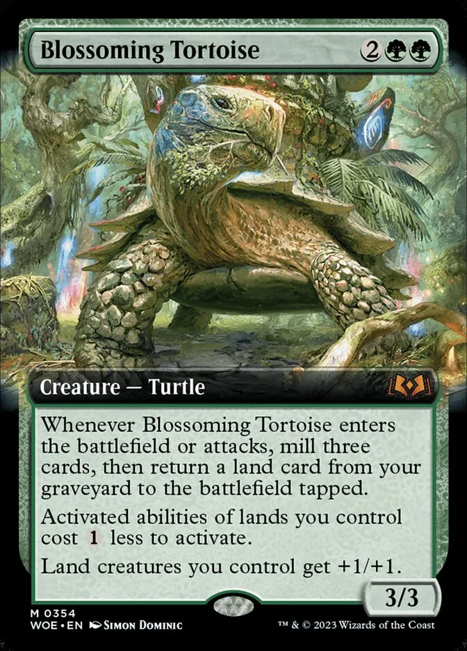 2023 Wilds of Eldraine Blossoming Tortoise [Extended Art Foil] mythic #354 mythic card image