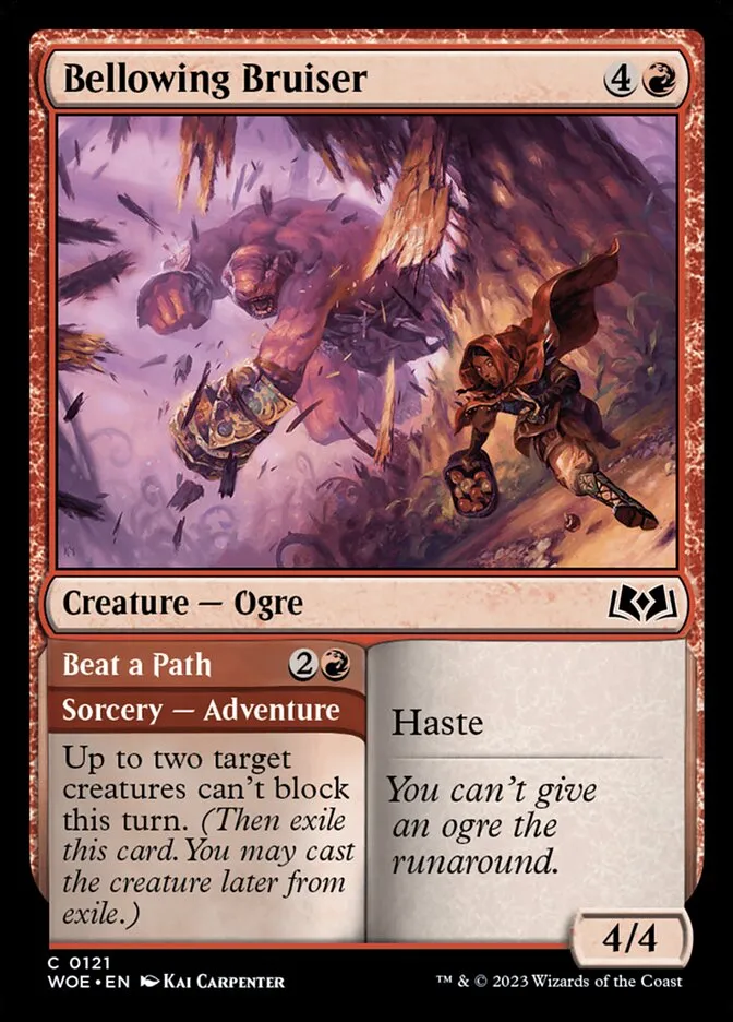 2023 Wilds of Eldraine Bellowing Bruiser // Beat a Path #121 common card image
