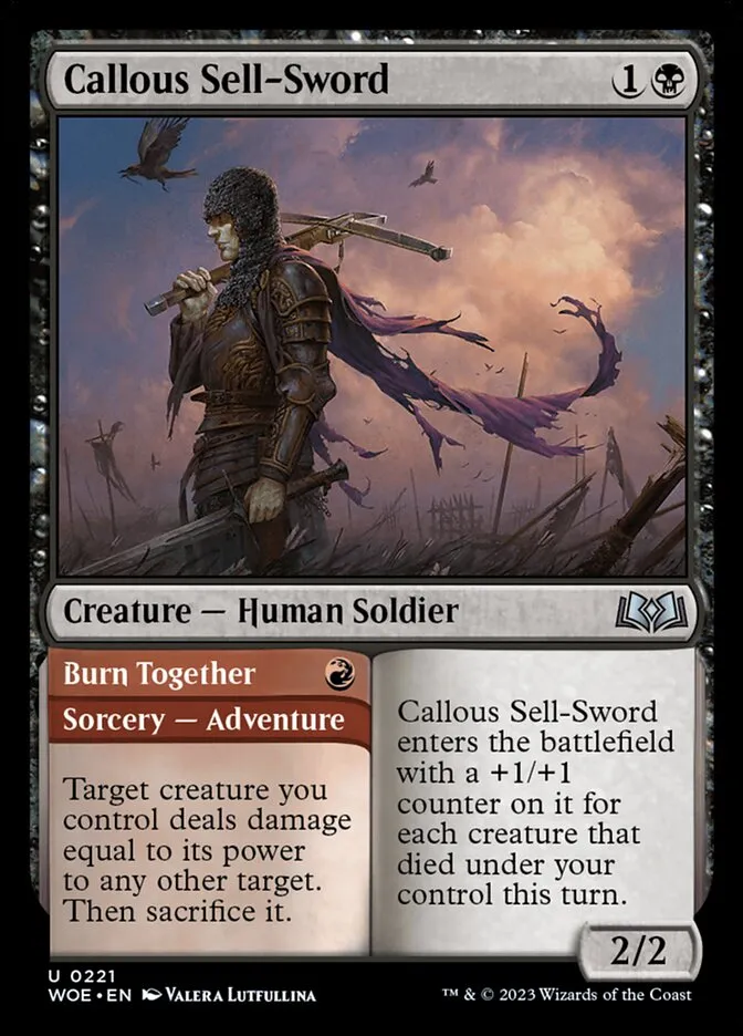 2023 Wilds of Eldraine Callous Sell-Sword // Burn Together #221 uncommon card image