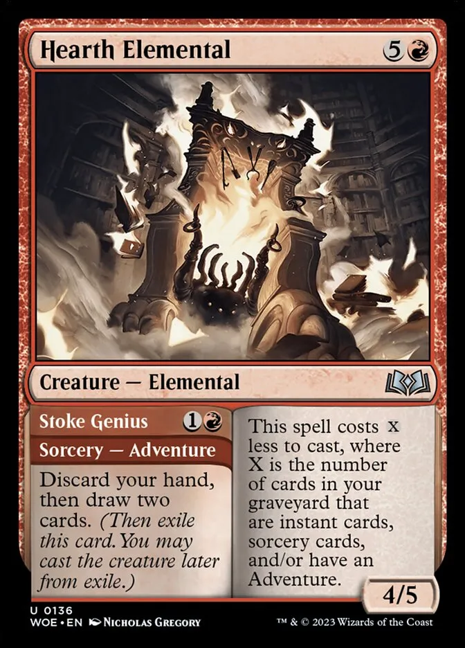 2023 Wilds of Eldraine Hearth Elemental // Stoke Genius #136 uncommon card image