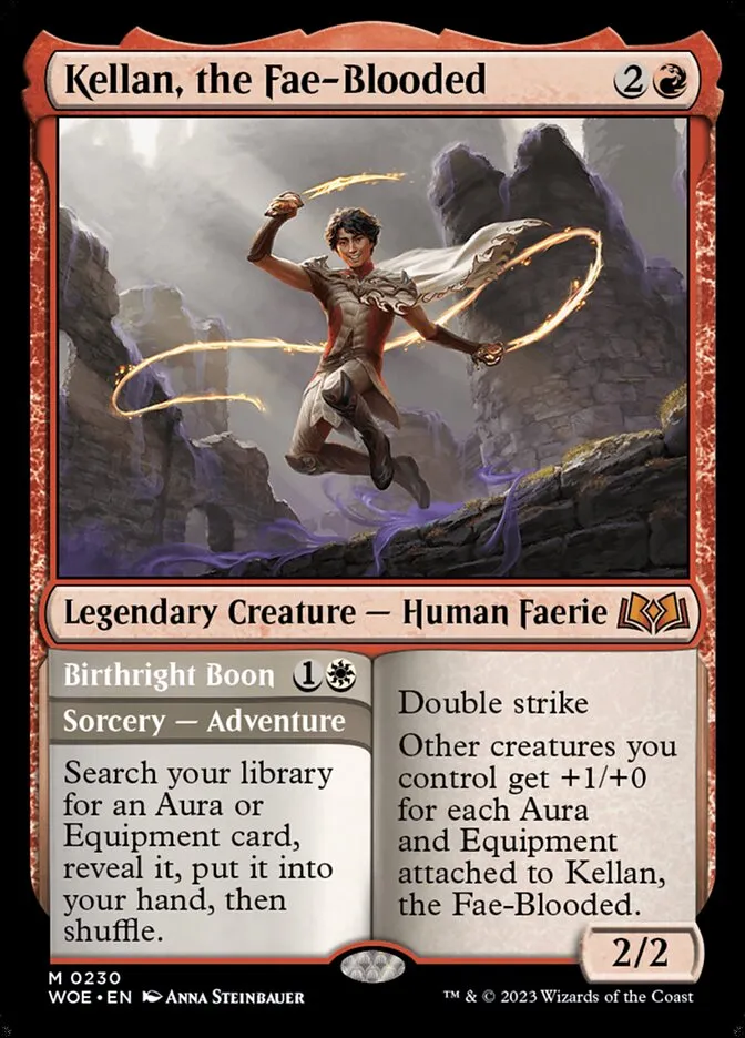2023 Wilds of Eldraine Kellan, the Fae-Blooded // Birthright Boon mythic #230 mythic card image