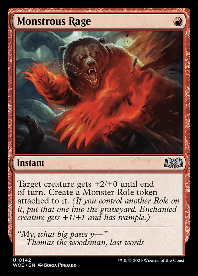 2023 Wilds of Eldraine Monstrous Rage #142 uncommon card image