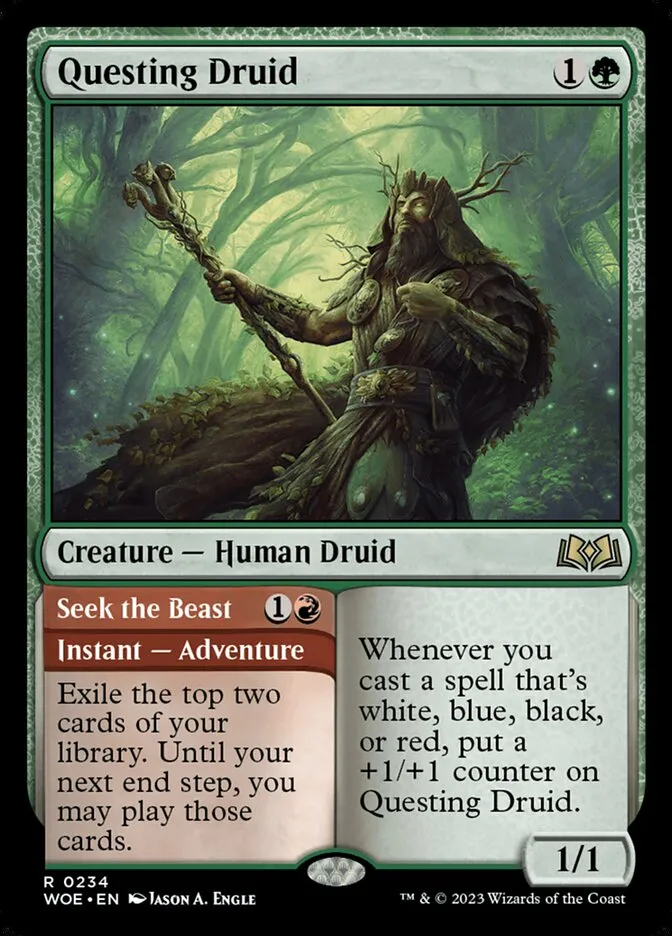 2023 Wilds of Eldraine Questing Druid // Seek the Beast #234 rare card image