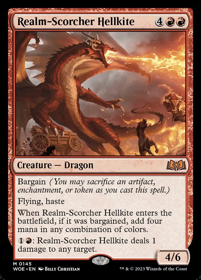 2023 Wilds of Eldraine Realm-Scorcher Hellkite mythic #145 mythic card image