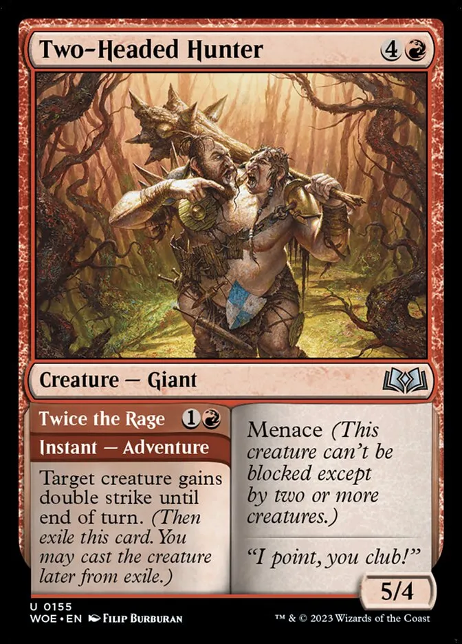 2023 Wilds of Eldraine Two-Headed Hunter // Twice the Rage #155 uncommon card image