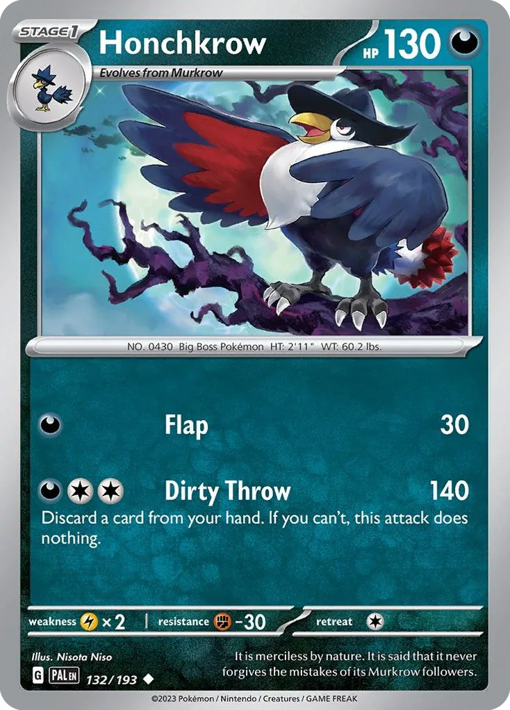 2023 Paldea Evolved Honchkrow Uncommon #132/193 Uncommon card image