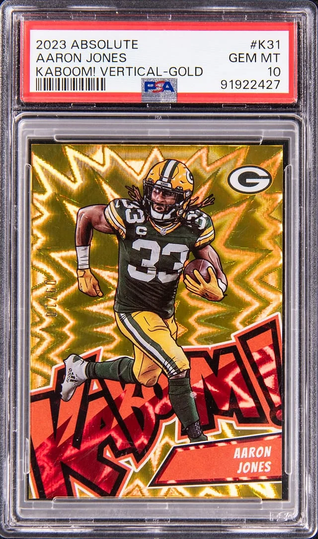 2023 Panini Absolute Aaron Jones Kaboom! Vertical Gold #K31 card image