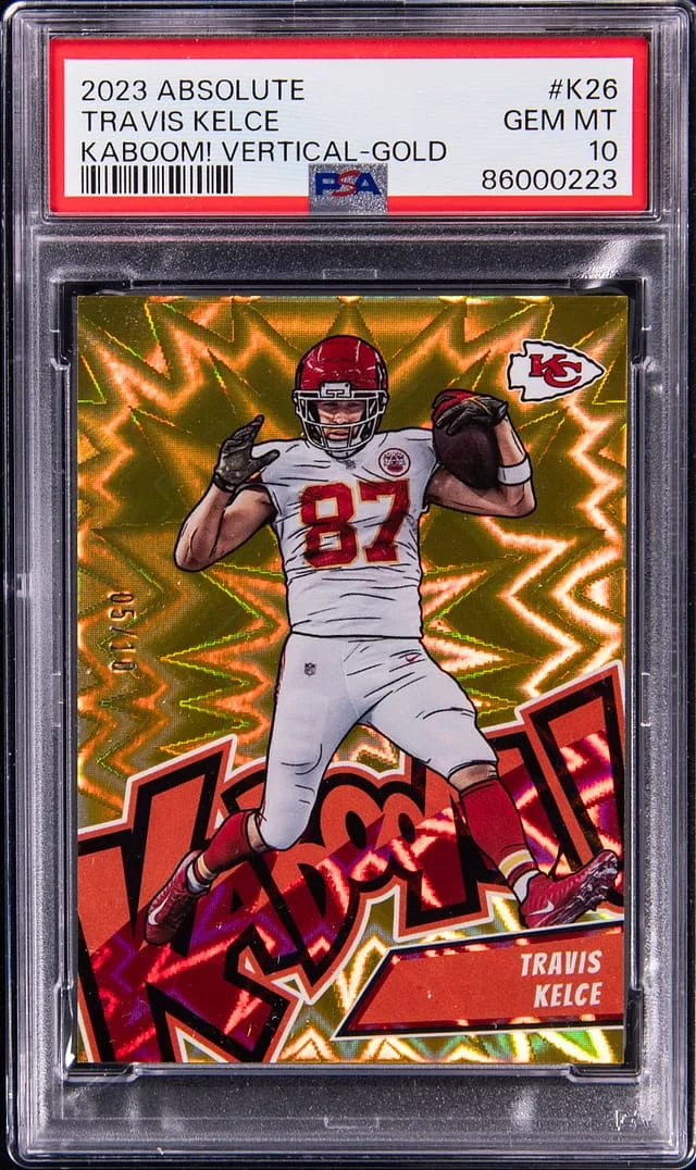2023 Panini Absolute Travis Kelce Kaboom! Vertical Gold #K26 card image