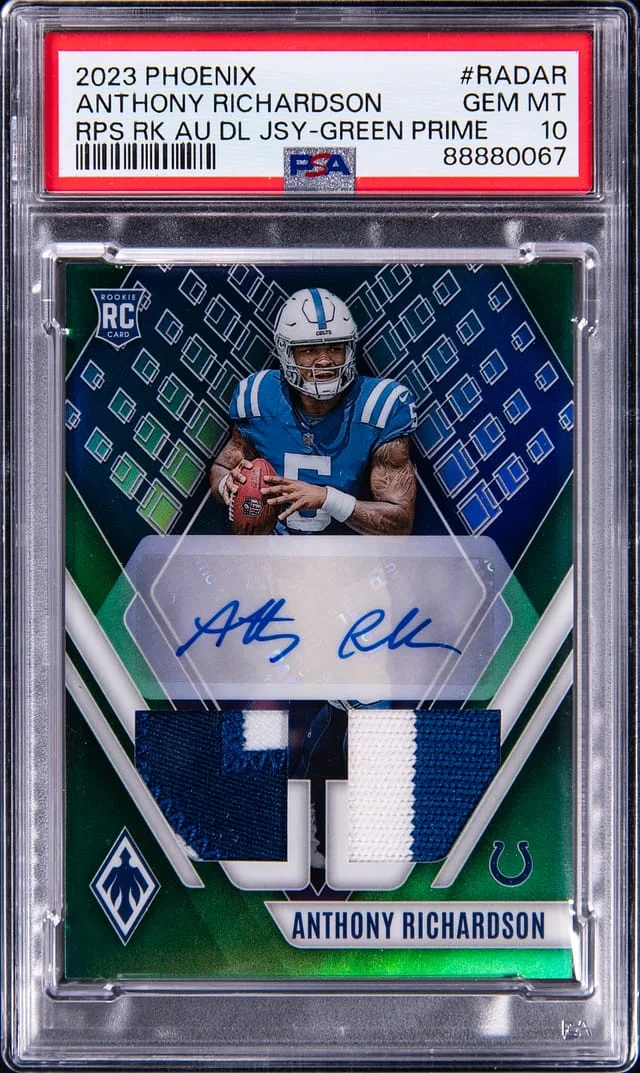 2023 Panini Anthony Richardson Phoenix RPS Autograph DUal Jersey Green Prime #RADAR card image
