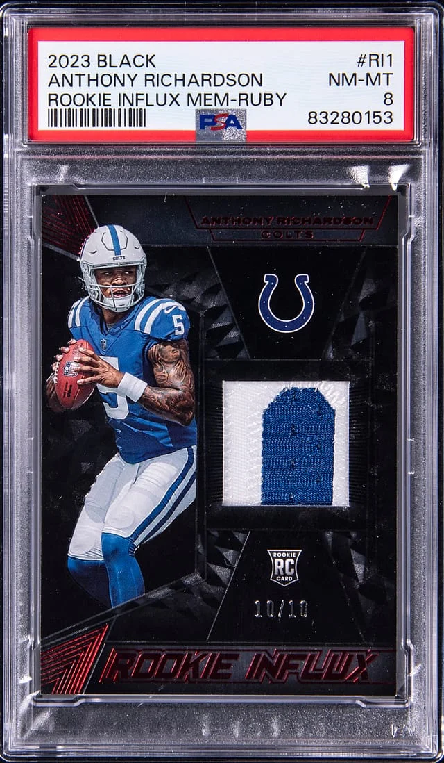 2023 Panini Black Anthony Richardson (#45575) Influx Memorabilia Ruby #RI1 card image