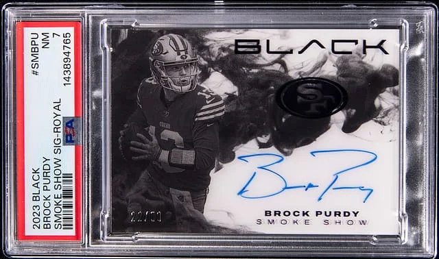 2023 Panini Black Brock Purdy Smoke Show Signature Royal #SM-BPU card image