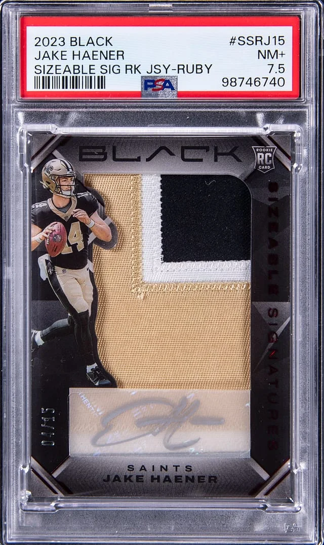 2023 Panini Black Jake Haener Sizeable Signature Jersey Ruby #SSRJ-15 card image