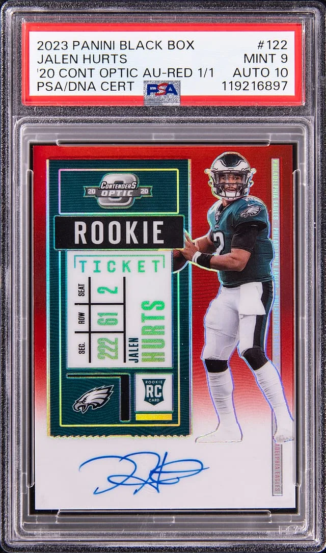 2023 Panini Black Jalen Hurts Box '20 Contenders Optic Autographs Red #122 card image