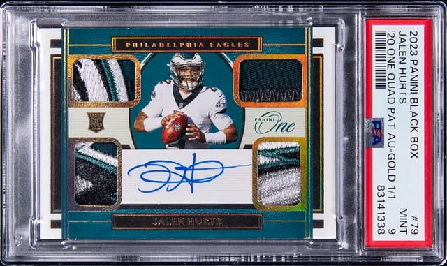 2023 Panini Black Jalen Hurts Box '20 One Quad Patch Autograph Gold #79 card image