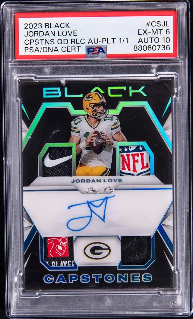 2023 Panini Black Jordan Love Capstones Quad Relic Autograph Platinum #CS-JL card image