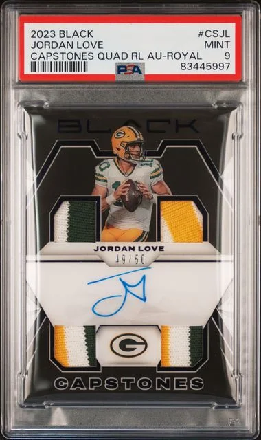2023 Panini Black Jordan Love Capstones Quad Relic Autographs - Royal #CSJL card image